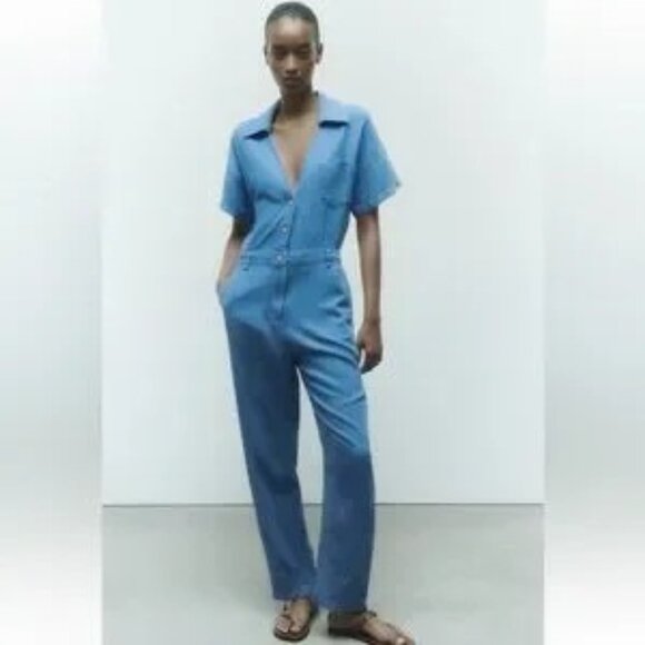 Zara Denim Jumpsuit Cotton Linen Medium - Picture 1 of 10